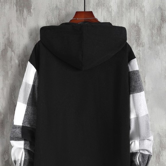 Black And White Casual Mens Plaid Print Drawstring Hooded Overcoat - Picture 3 of 7